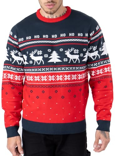 NOROZE Mens Xmas Jumpers Fairisle Christmas Tree Reindeer Snowflakes Hoho Novelty Pullover Sweater (XL, Hoho Reindeer Tree Navy)