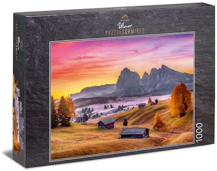 Ulmer Puzzleschmiede - Puzzle „Seiser ALM“ - klassisches 1000 Teile Landschafts-Puzzle mit malerischem Berg-Motiv - die herbstliche Seiser ALM in den Dolomiten in Südtirol, italienische Alpen
