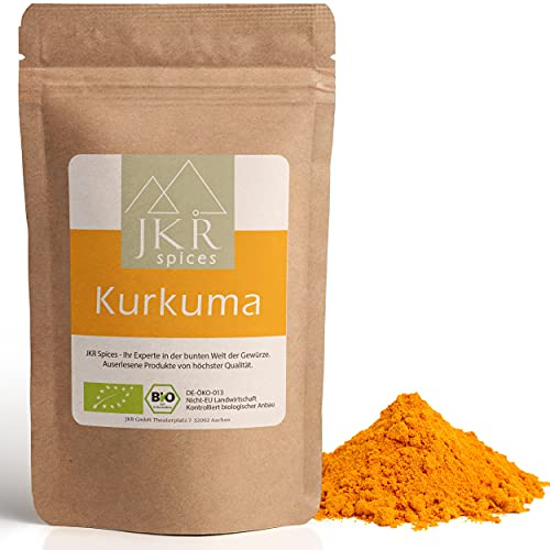 JKR Spices 250g Bio Kurkuma Pulver - Kurkumapulver aus gemahlener Curcuma Wurzel | Gelbwurz gemahlen | hoher Curcumin Kurkumin Gehalt | Ideales Gewürz zum Kochen und Goldene Milch | Biologischer Anbau