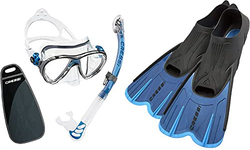 Cressi Big Eyes Evo Alpha Ultra Dry Schnorchelset Schnorcheln Set mit Schnorchel und Taucherbrille & Agua Short Flossen Kurze Schnorchel- und Schwimmflossen, Blau, 43/44