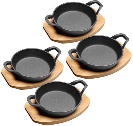 HOME DISTRICT Mini Cast Iron Skillet Set of 4 Mini Ramekins, Oven Safe, 6 Inch, 12 Oz Cast Iron Skillet Set with Wood Trivets