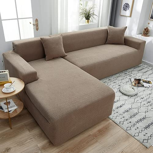 OKJK Jacquard Sofa überzug l Form All-Inclusive elastisch einfarbig verdickend modern schlicht Chaiselongue sofabezug, Wohnzimmer Kombination Sofaschutz (Light Coffee,2 Seater 145-185cm)