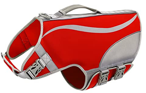 BOTEWO Chaleco Salvavidas para Perros, Deportivo de Neopreno Ajustable Reflectante Con Asa de Rescate para Natación Canotaje (M, Rojo)