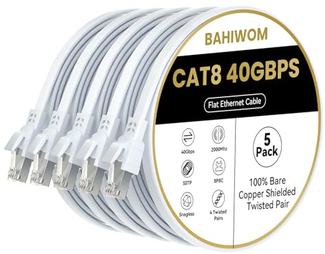BAHIWOM Cat8 Ethernet Kabel 1m 5-Stück, 40 Gbit/s 2000 MHz Cat 8 Lan Kabel-Netzwerkkabel Gigabit RJ45 Patchkabel, Flach Hochgeschwindigkeits Internetkabel für Router Laptop PS5 - Weiß