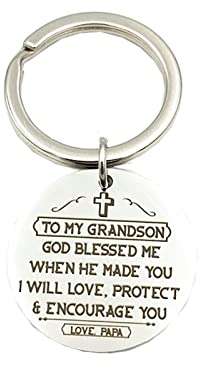 Stfery Keychain Engraved, Schlüsselanhänger Lustig Edelstahl zu Meinem Enkel Gott Gesegnet Mich Runde Erkennungsmarke Silber Geschenk