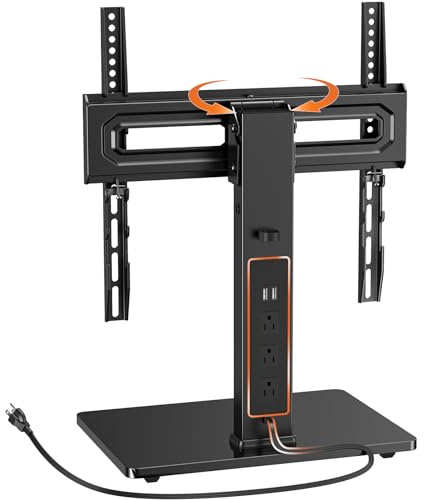 Perlegear Universal Swivel TV Stand with Power Outlet, Tabletop TV Stand for 32–60,65 Inch TVs up to 88 lbs, Tempered Glass TV Mount Stand Base with Height Adjustment, Tilt, Max VESA 400x400mm,PGTVS27