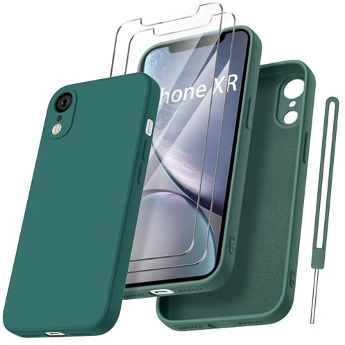 Qasyfanc HandyHülle für iPhone XR Hülle Silikon case mit 2 Stück Schutzfolie, Ultra Microfiber TPU Flüssig silikon mit Kameraschutz Kratzfeste Rundumschutz Schutzhülle 6.1'' - Dunkelgrün