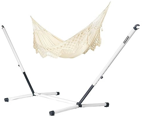 LA SIESTA® Bossanova Bio-Baumwoll Hängematte & Stahlgestell - Indoor Outdoor Hängematte für 2 Personen, Boho Hängematte mit Gestell, Hängematte mit Ständer für Balkon Terrasse - Kingsize, Latte