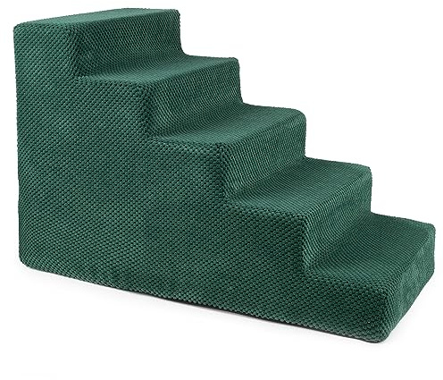 BOUTIQUE ZOO Hundetreppe 50 cm hoch | Katzentreppe Haustiertreppe | 5 Stufen | Hunde Katzen Haustier | für Bett und Auto | Trepp für kleine Hund | Plüschbezug | Farbe: Grün