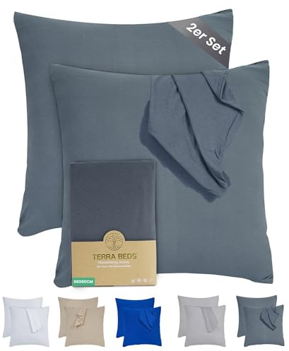 Terra Beds Kissenbezug 60x60 (Set mit 2) - 100% Baumwolle Jersey 160 g/m², Oeko-Tex Zertifiziert - Kopfkissenbezug 60x60 mit Reißverschluss, dehnbarem weich und atmungsaktiv (Anthrazit Grau)