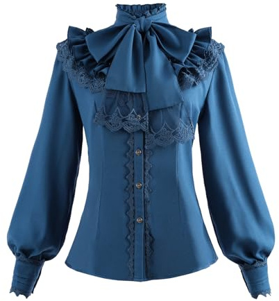 Fiamll Camicia da donna vittoriana blusa vintage con fiocco camicia con colletto rialzato con volant manica lunga, Blu, 3XL
