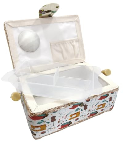 Piccola borsa da cucito in legno vuoto, scatola da cucito foderata in tessuto con 4 scomparti, organizer con spillo, scatola di immagazzinaggio con maniglia, vassoio per accessori, (Piccola, macchina