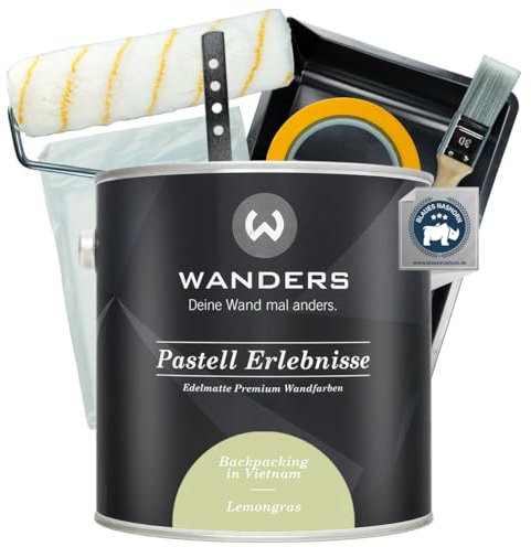 Wanders Pastell Erlebnisse Wandfarbe 2,5L (Lemongras, Grün) inkl. Streichset Basic – Premium Kreidefarbe, Leichte Anwendung, Hochdeckend, Ultramatt, Perfekt für Heim-DIY