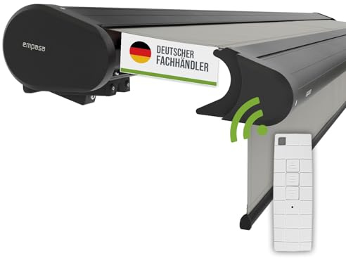 empasa Elektrische Vollkassettenmarkise 'Premium' Kassettenmarkise | Gelenkarmmarkise Markise Sonnenschutz mit manuell ausfahrbarem Volant, komplett vormontiert, Farbe:hellgrau, Größe:4.5 x 3 m