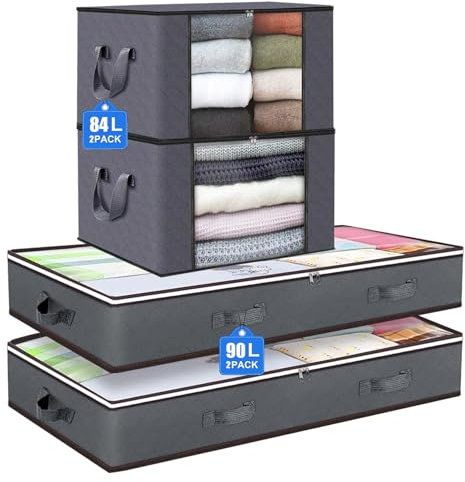 4 Stück unterbett aufbewahrungsbox,2 Stück aufbewahrungsbox unterbett 90L+2 Stück aufbewahrungsbox mit deckel 84L,unter bett aufbewahrungskisten mit Sichtfenster Fenstergriffen und Reißverschluss
