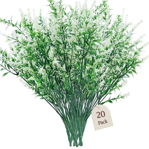 Sredumn 20 Bundles Artificial Flowers, artificial plants outdoor,UV Resistant Plastic Shrub Fake Flowers, for outside, garden, hanging, basket, fence, window, trellis decoration (White)