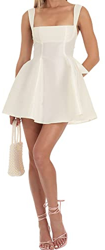 Women Sleeveless Bow Knot Tie Back Mini Dress Ruffle Ruched Strap Stain Graduation Dress Flowy Backless Short Party Dresses (A-White, M)