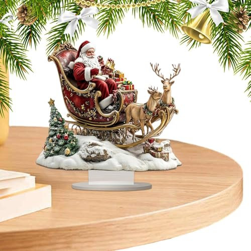 Weihnachtsmann und Schlitten mit Rentier – Weihnachtsmann Schlitten Rentier Figur | 25 cm Weihnachtsmann Schlitten Tischschmuck | 2D Acryl Weihnachtsmann Weihnachten Tischdeko | Acryl Lustige