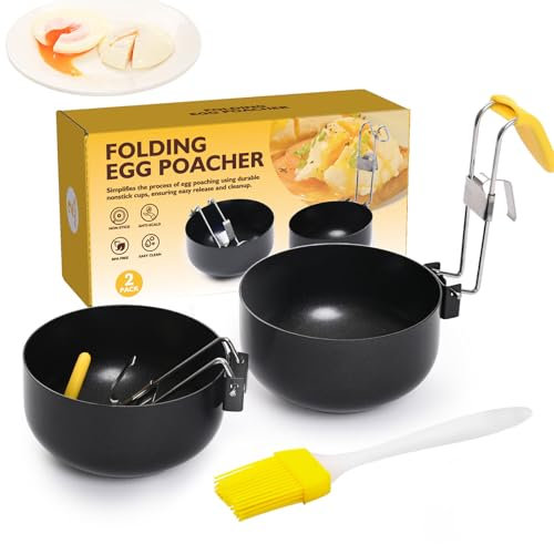 Folding Poacher, Egg Cooker with Brush, Collapsible Ring Boiler for Perfect Boiled Eggs (2 Pcs)