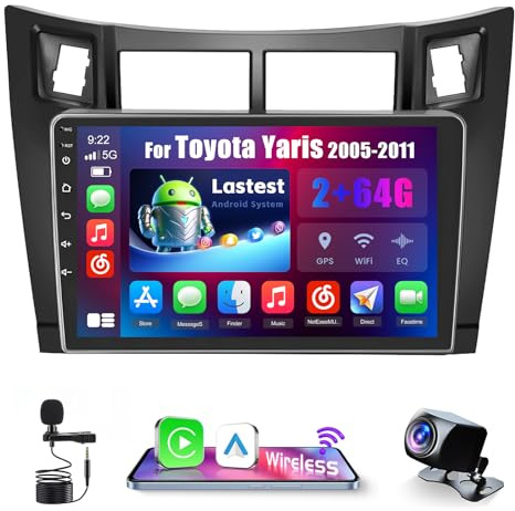 Inefala 2+64G Radio för Toyota Yaris 2005-2011 Android 13 med trådlös CarPlay Android Car, 9 tums bilradio bakifrån Bluetooth WIFI 26UI GPS FM EQ SWC AHD bakifrån kamera