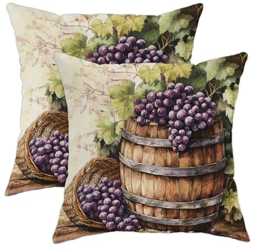 Grape Pillow Covers Set of 2, Violet Vineyard Grapes Throw Pillows Case, Rustic Decorative Square Farmhouse Decor Cushion Covers for Home Sofa Bed Couch 18x18 Inch