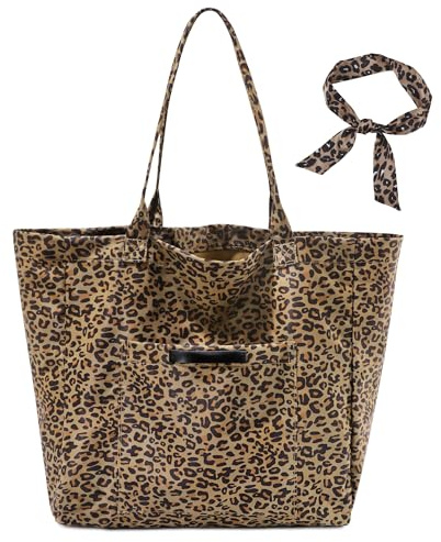 LOTEZAVA Tasche Leopardenmuster, Große Damen Handtasche Tote aus Canvas, Stilvolle Umhängetasche für Shopper, Schultertasche mit Persönlichkeit, Modische Tragetasche für Damen (Braun)