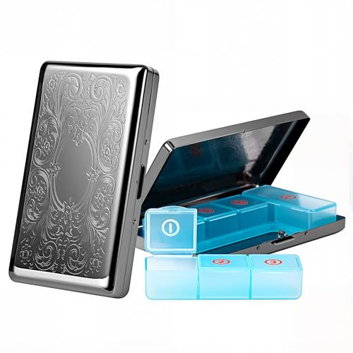 Tablettenbox 7 Tage,Pillendose 7-Tage-Spenderbox aus Metall mit 3 Fächern,Tabletten Organizer für Fischöl/Nahrungsergänzungsmittel (Rechteck-Schwarz, Großes Rechteck)