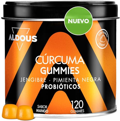 Cúrcuma con Jengibre y Pimienta Negra + PROBIÓTICOS - 2500 mg - 120 Gominolas - Sabor Natural a Mango y Jengibre Picante - Antioxidante y Antiinflamatorio Natural - Fuente de Curcumina y Piperina