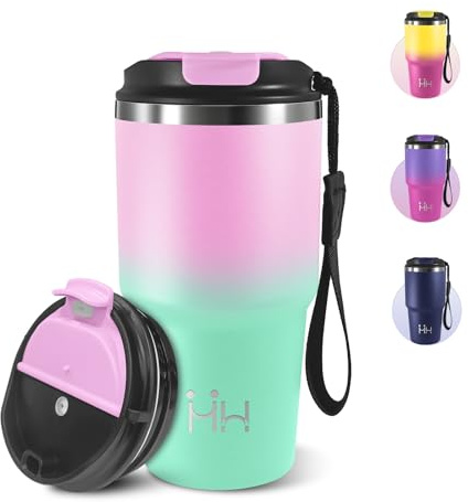 Mug Isotherme Cafe, 600 ml, Tasse à Café Isotherme avec Couvercle, 304 Acier Inoxydable, Réutilisable Tasse de Voiture avec Couvercle, Idéal pour Déplacements Quotidiens - Rose clair&vert clair