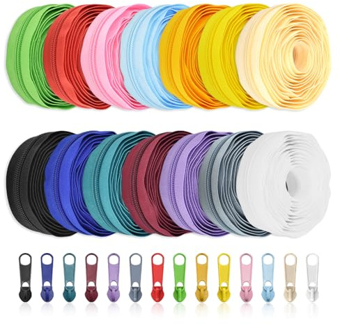 LE-stone 42Yards 14Pcs Colorful Nylon Coil Zippers with 112Pcs Zipper Sliders for Sewing Crafts Clothes Pillow Bags DIY