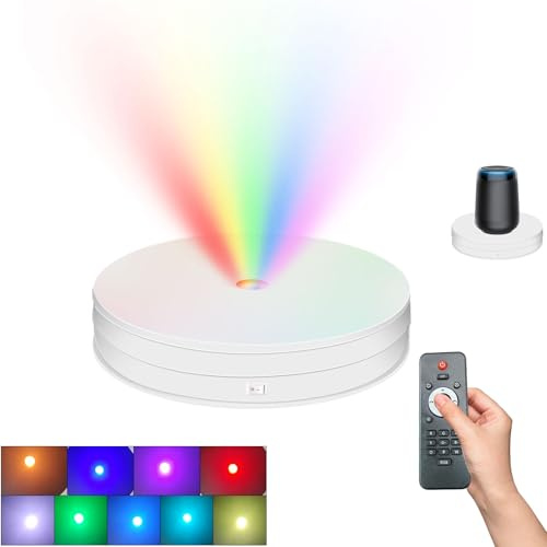 Andoer Motorisierter drehbarer Display-Ständer mit RGB-Licht, 360° drehbar, elektrischer Potografie-Drehteller für Produkte, Live-Video-Show, 10 kg Tragkraft, geräuscharm, 25 cm, Weiß