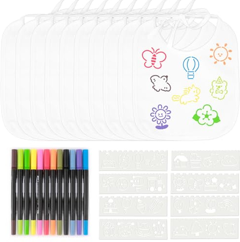 Koxtyzo DIY baby haklappar, 10 stycken baby vit bomullsfärg haklappar med 12 färgade textilpennor och 8 målarschabloner, present till babyshower en födelsedagsfest
