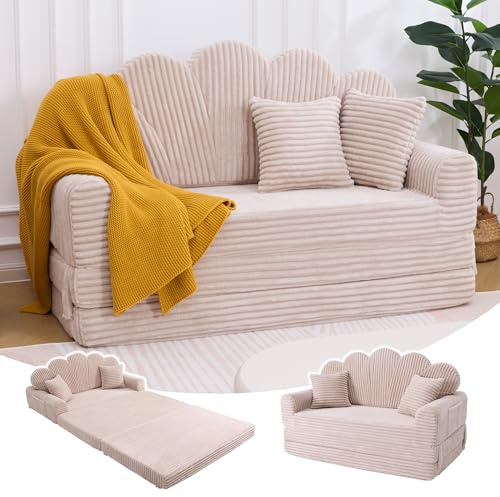 IRONCK Schlafsofa 2-Sitzer Sofa mit Schlaffunktion Boneless Sofa Bed aus Cord & Schaum, Sofabett 153x267cm, Klappbar Schlafcouch, 2 Kissen & Seitentaschen, Bettsofa für Wohnzimmer Schlafzimmer, Beige