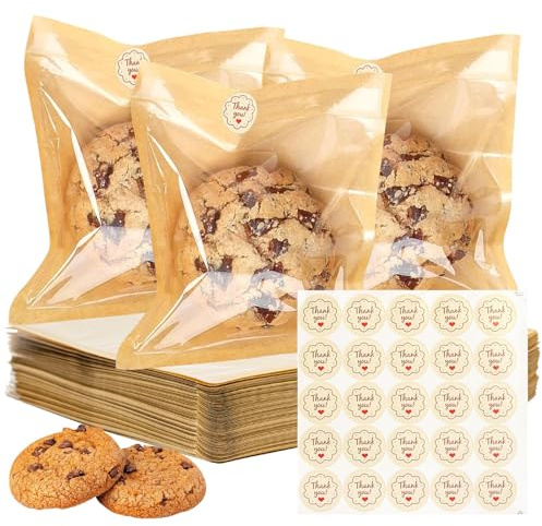 Sweet Bags with Seal, 100pcs 5.7x6.5 Inch Wax Cookie Bags with Window | Heat Seal Cookie Gift Packaging Wrappers for for Treat Bakery Cake Biscuit, Valentine's Day, Mother's Day