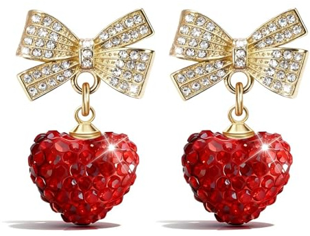 Boucle D'oreille Coeur Femme, Romantiques Boucles D'oreilles Saint Valentin, Exquises Heart Earrings, Boucle D'oreille Cœur Strass pour Femme Bijoux Saint-Valentin (Rouge-D)