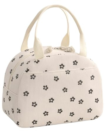Uwiyo Sac Isotherme Repas Femme, Portable Lunch Box Sac Lunch Isotherme Lunch Bag en Velours Côtelé Sac Lunch Isolé pour Étudiant Bureau Travail Pique-nique (Beige-Fleuri)