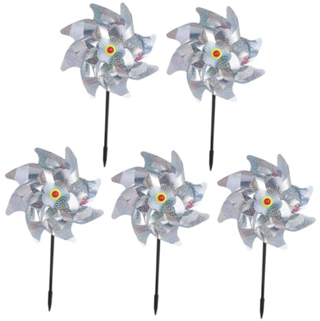 Générique Lot de 5 Moulins à Vent Réfléchissants Argentés D’étoile 8 Branches, Dispositif Anti-Oiseaux pour Jardin et Verger, Accessoires Extérieurs Solide et Faciles à Installer