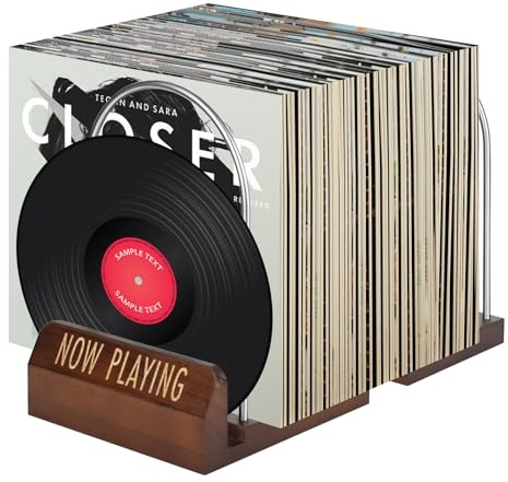 bssmmai Vinyl Record Storage Rack, Expandable Record Holder for 30-70 LPs, Wooden & Metal Record Shelf with Adjustable Divider for Album, CDs, Books, Mags, Files - Brown