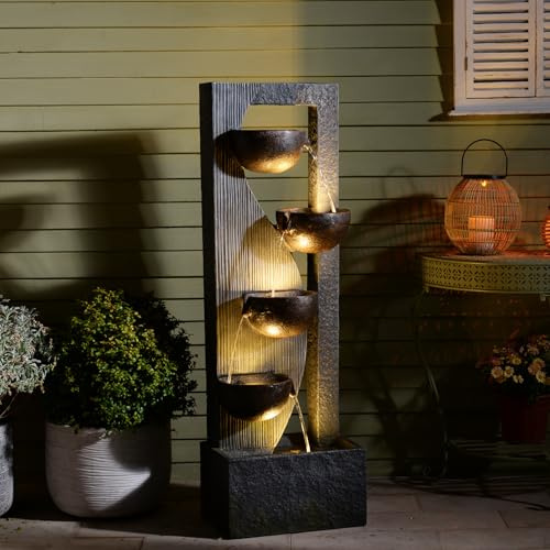 Bumilgar 125 cm Großer moderner mehrstufiger S-förmig versetzt geschichteter Gartenbrunnen in Keramikschalen-Optik mit LED-Beleuchtung, geeignet für Hinterhof, Eingangsbereich und Garten, Grau