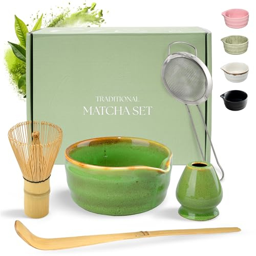 Comforder Matcha Set med Keramikskål och Bambuvisp (Grön med Brun Kant) | Japanskt teset för matcha latte och teceremoni, keramikskål, bambuvisp med hållare, sked och sil