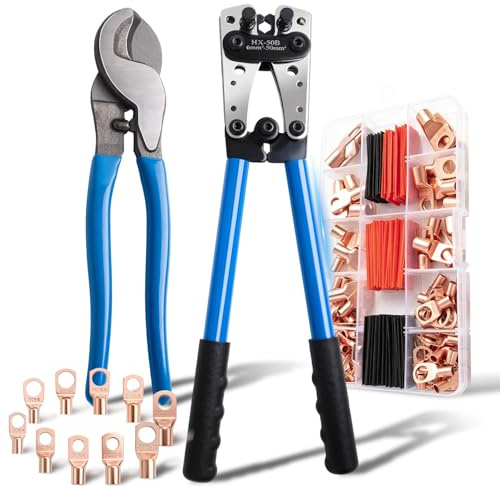 YYSWSAKY HX50B - Juego de terminales de cable con tijeras para cables (6/10/16/25/35/50 mm², alicates con 80 tubos termorretráctiles, 80 terminales de anillo de cobre SC en 10 tamaños