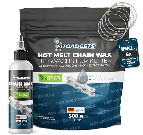 Fitgadgets kedjevax startset, kedjevax spar-komplett set, 500 g varmvax pellets, 120 ml kedjevax, 5 kedjehållare, för gravbike, racercykel, MTB och E-cykel