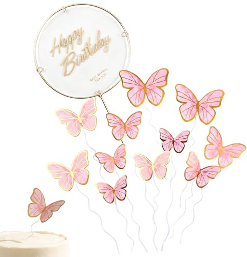 Schmetterlinge Tortendeko – 3D DIY Schmetterlinge Torte Deko, Dreidimensionaler Cake Topper für Geburtstag Party, Happy Birthday Kuchen Deko für Cupcake & Kuchen, Rosa