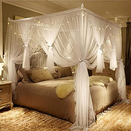 Nattey Betthimmel, Bettvorhänge, Queen-Size-Bettvorhänge, Moskitonetz für Mädchen und Erwachsene, 4 Öffnungen, Betthimmel, Bettüberzug, Schlafzimmer-Dekoration, Zubehör (weiß)