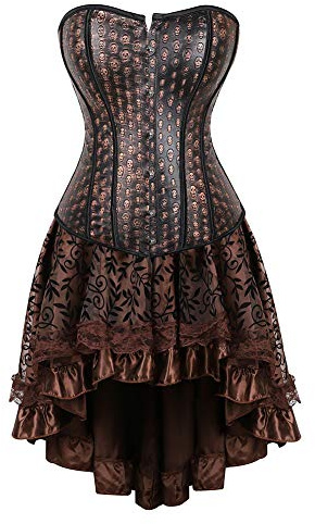 Grebrafan Steampunk Faux Leather Skull Corset with Skirt Women 3XL Brown