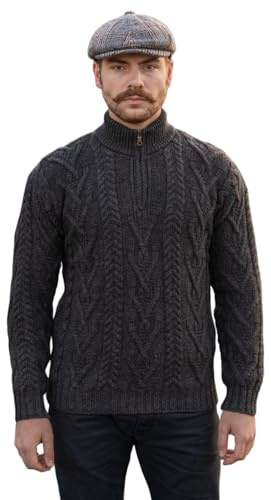 SAOL 100% Lana Merino para Hombre, Cuello con Cremallera, Pescador irlandés, Tejido de Cable, suéter al Aire Libre de Invierno (Carbón, M)
