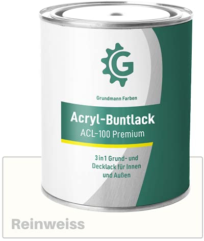 Grundmann Acryllack ACL 100 - Weiß 10 Kg - 4in1 Lack inkl. Grundierung - Innen und Außen - Für Holz, Metall, Stein & Kunststoff - Reinweiss RAL 9010