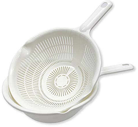 Kitchen Colanders and Bowl with Handle Pair Set. Easy to Use, 1.3-quart, 8 Handy Size, for Pasta, Spaghetti, Berry, Veggies, Fruits, Noodles, Salads, Made in Japan (White with Handle)