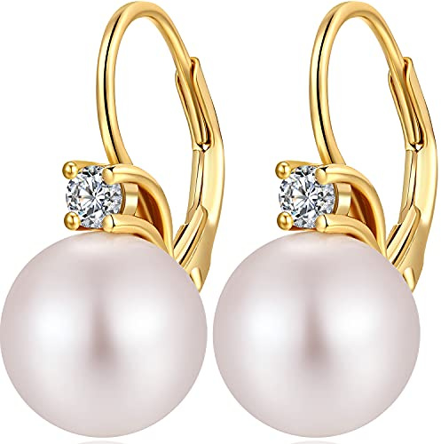 Boucles d'Oreilles Or Perle Diamant Argent Sterling Levier pour Femme Blanche