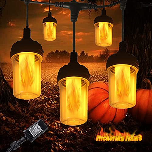 Flickering Flame String Lights for Halloween Decor Outdoor, 23Ft LED for Outside, Plug-in Garden, Connectable Backyard 10 Lantern & Hooks Decorative Cafe Bistro Patio